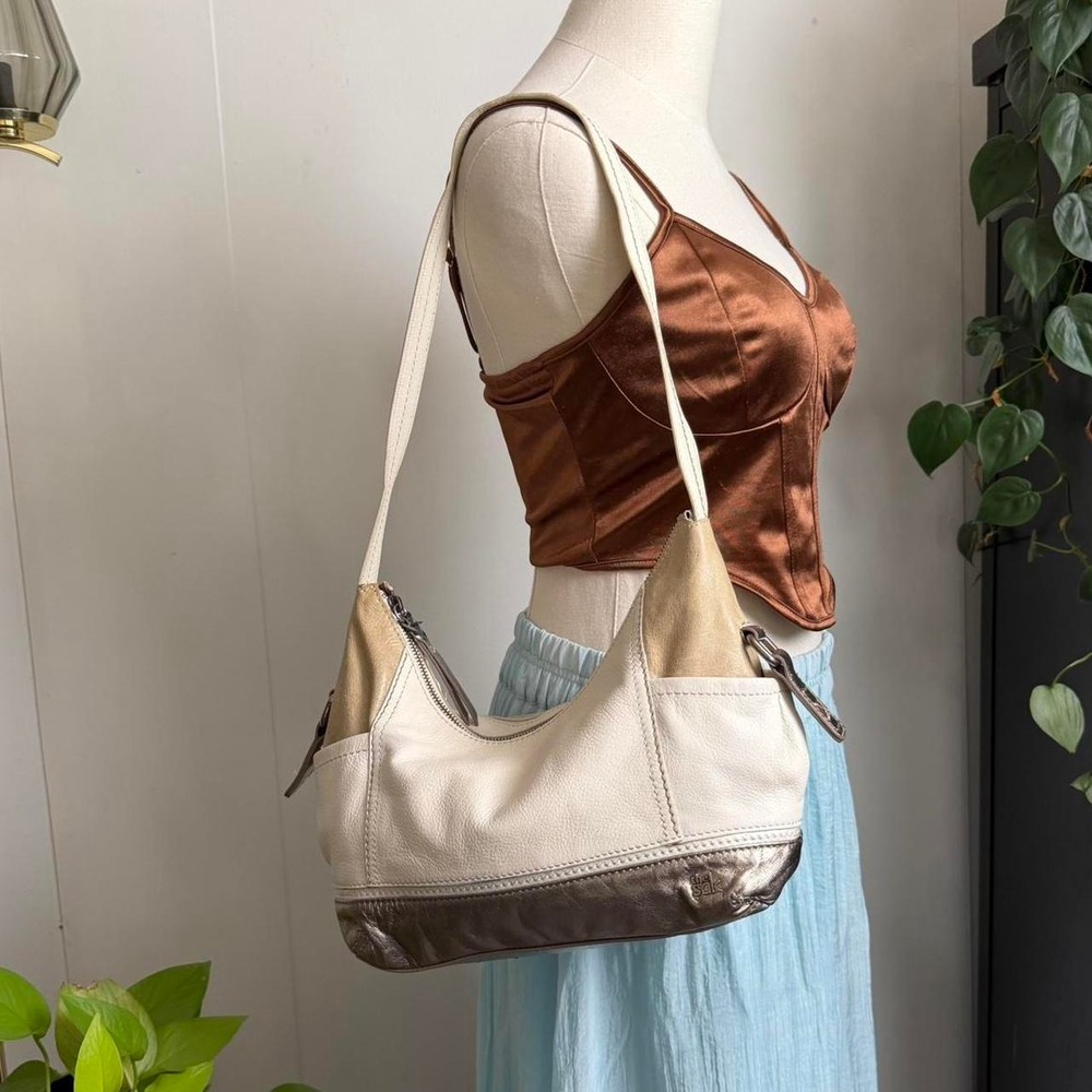 The Sak Y2K Cream Tan Silver Leather Hobo Shoulder Bag Boho Side Pockets